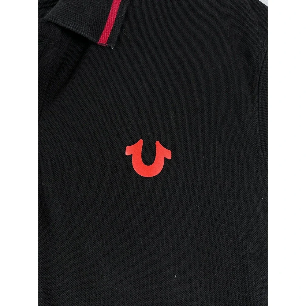 True Religion Mens Black Pink Logo Graphic Polo Shirt Large 103078 385